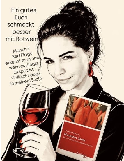 Franzi mit Rotweinglas und Buch